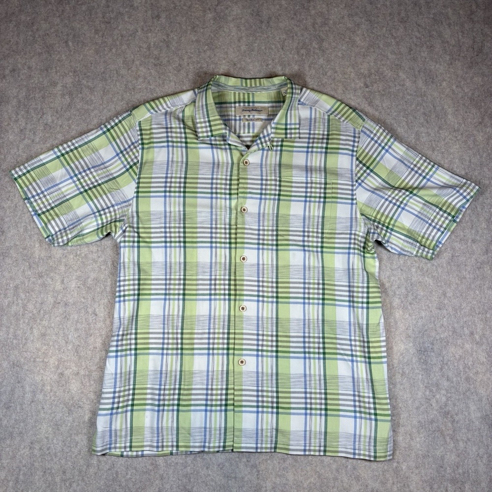 Tommy Bahama 100% Silk Men's Large Blue Green Plaid Hawaiian Short Sleeve Button